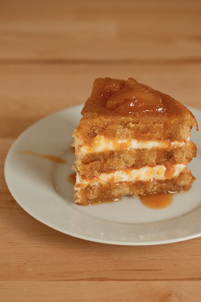 Brown sugar sponge cake with caramel pears